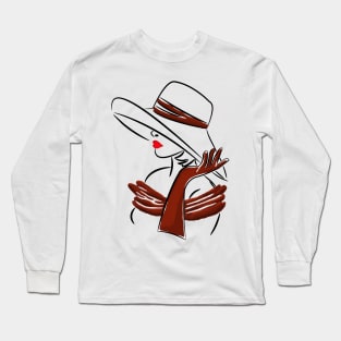 Red Hat Fashion Sketch: Elegant Lady Long Sleeve T-Shirt